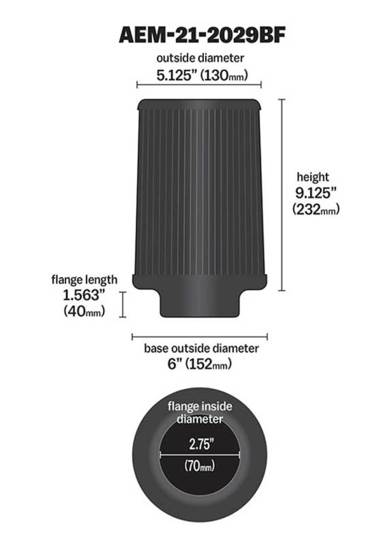 AEM Dryflow Conical Air Filter 2.75in Flange ID / 6in Base OD / 5.125in Top OD / 9.125in Height - awdtuningtx