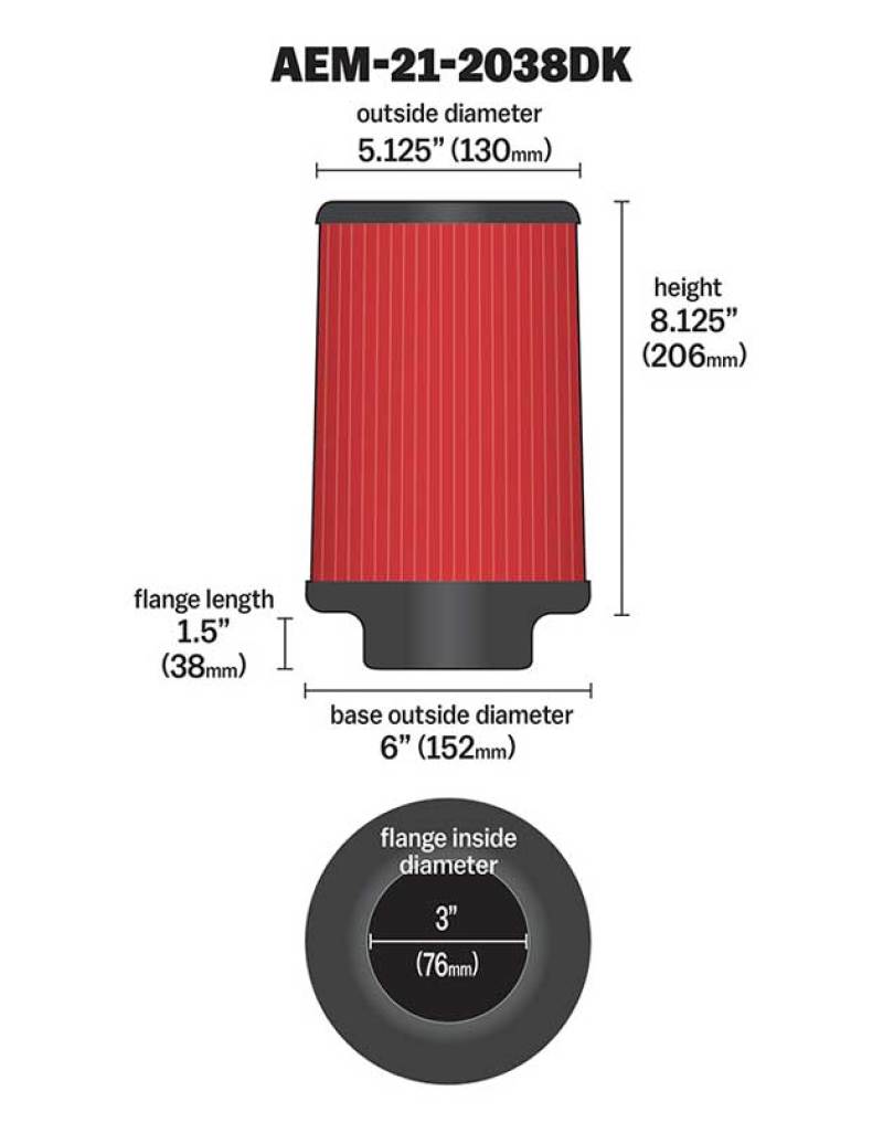 AEM 3 inch Short Neck 8 inch Element Filter Replacement - awdtuningtx