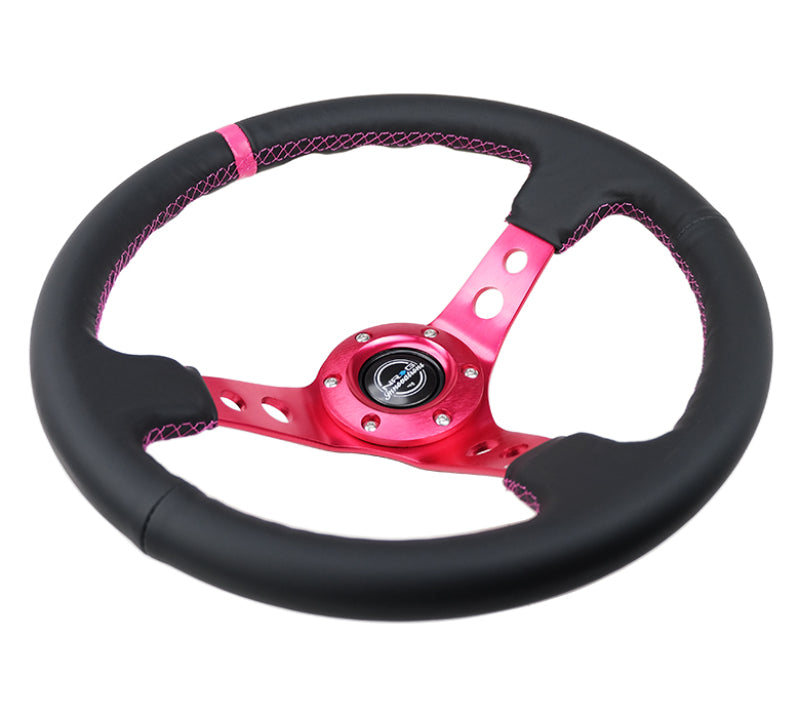 NRG Reinforced Steering Wheel (350mm/3in. Deep) Black Leather/ Fushia Center Mark/ Fushia Stitching - awdtuningtx