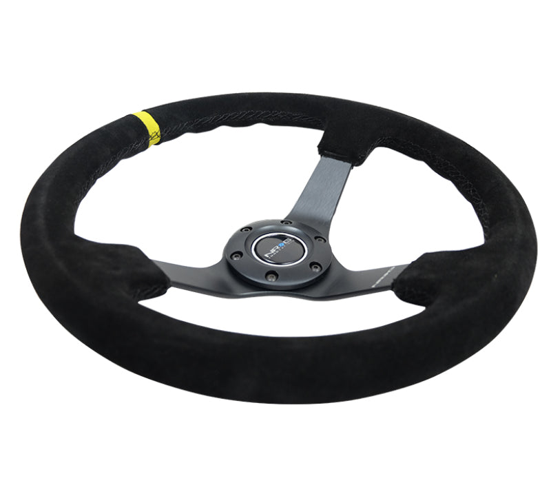 NRG Reinforced Steering Wheel (350mm / 3in. Deep) Blk Suede/X-Stitch w/5mm Blk Spoke & Yellow CM - awdtuningtx