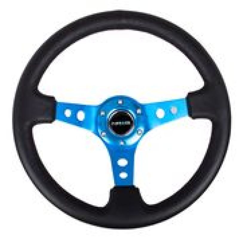 NRG Reinforced Steering Wheel (350mm / 3in. Deep) Blk Leather w/Blue Circle Cutout Spokes - awdtuningtx