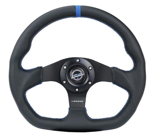 NRG Reinforced Steering Wheel (320mm) Sport Leather Flat Bottom w/ Blue Center/ Blue Stitching - awdtuningtx