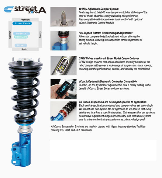 Cusco 2023+ Toyota GR Corolla (GZEA14H) Street Zero-A 40-Way Adj Coilover Kit w/o Rear Upper Mount - awdtuningtx
