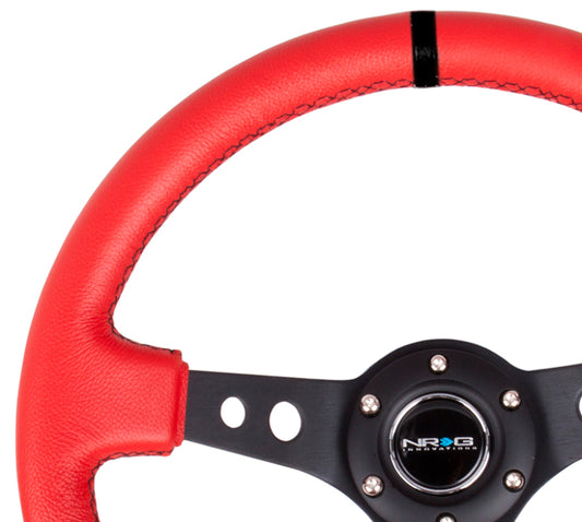 NRG Reinforced Steering Wheel (350mm / 3in. Deep) Red Suede w/Blk Circle Cutout Spokes - awdtuningtx