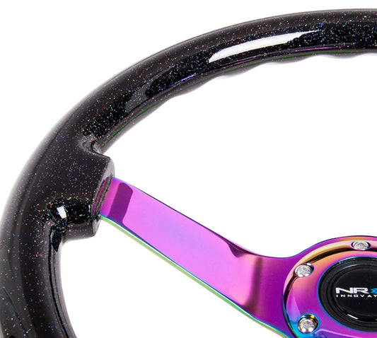 NRG Reinforced Steering Wheel (350mm / 3in. Deep) Classic Blk Sparkle w/4mm Neochrome 3-Spoke Center - awdtuningtx