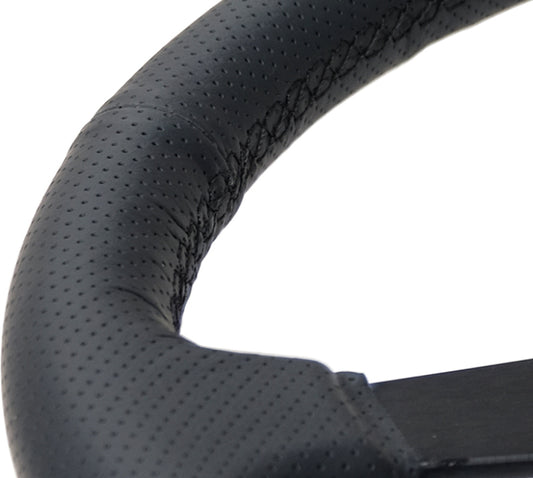NRG Sport Steering Wheel (350mm / 1.5in Deep) Black Leather Black Stitch w/Matte Black Solid Spokes - awdtuningtx