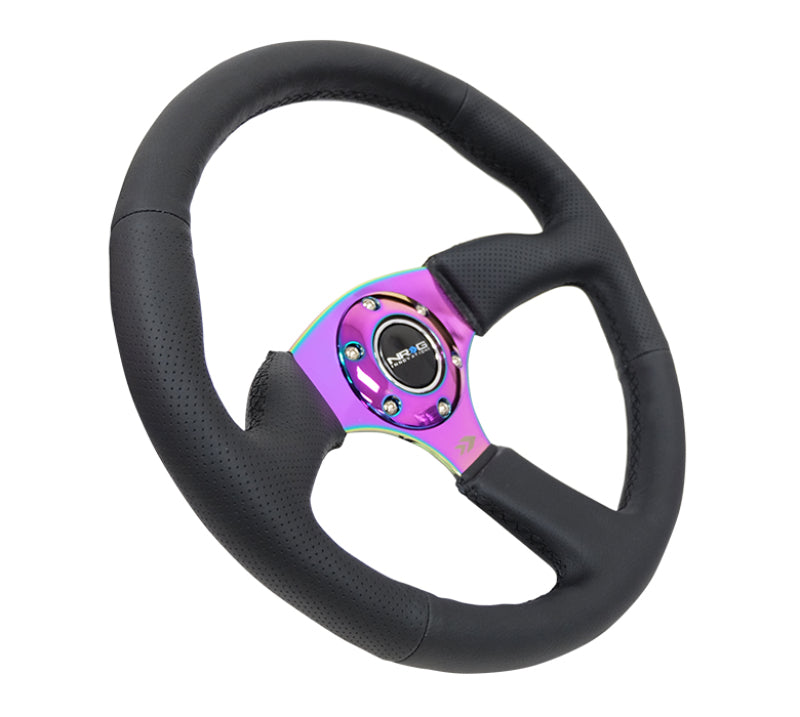 NRG Reinforced Steering Wheel (350mm / 2.5in. Deep) Leather Race Comfort Grip w/4mm Neochrome Spokes - awdtuningtx