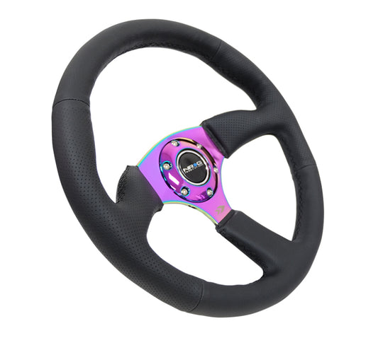 NRG Reinforced Steering Wheel (350mm / 2.5in. Deep) Leather Race Comfort Grip w/4mm Neochrome Spokes - awdtuningtx