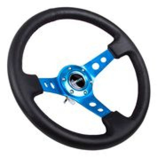 NRG Reinforced Steering Wheel (350mm / 3in. Deep) Blk Leather w/Blue Circle Cutout Spokes - awdtuningtx
