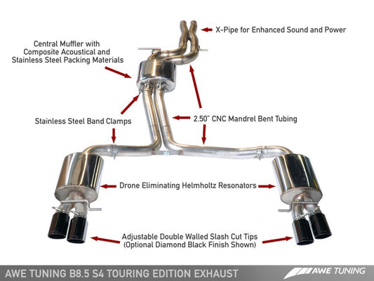 AWE Tuning Audi B8 / B8.5 S4 3.0T Touring Edition Exhaust - Chrome Silver Tips (90mm) - awdtuningtx