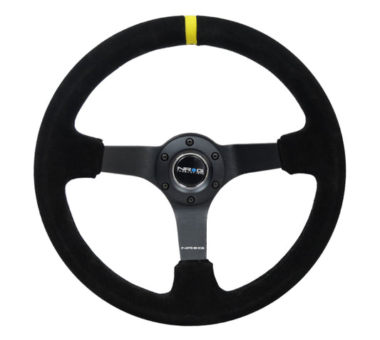 NRG Reinforced Steering Wheel (350mm / 3in. Deep) Blk Suede/X-Stitch w/5mm Blk Spoke & Yellow CM - awdtuningtx