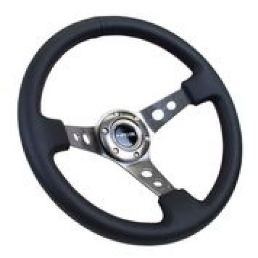 NRG Reinforced Steering Wheel (350mm / 3in. Deep) Blk Leather w/Gunmetal Circle Cutout Spokes - awdtuningtx