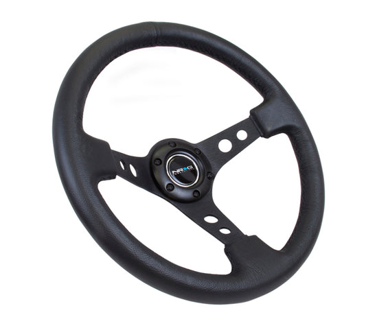NRG Reinforced Steering Wheel (350mm / 3in. Deep) Blk Leather w/Blk Spoke & Circle Cutouts - awdtuningtx