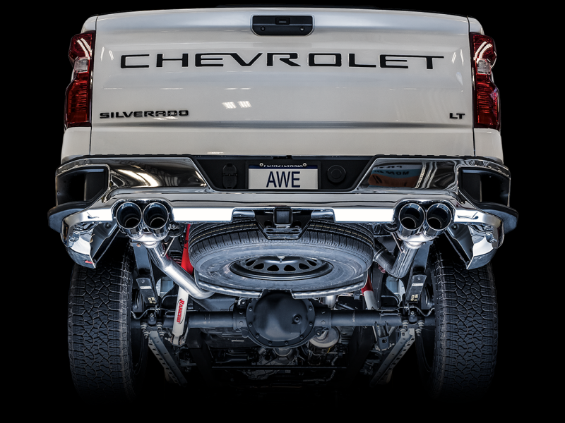 AWE Tuning 4th Gen GM 1500 5.3L 0FG Catback Split Rear Exit (w/ Bumper Cutouts) - Quad Chrome Tips - awdtuningtx