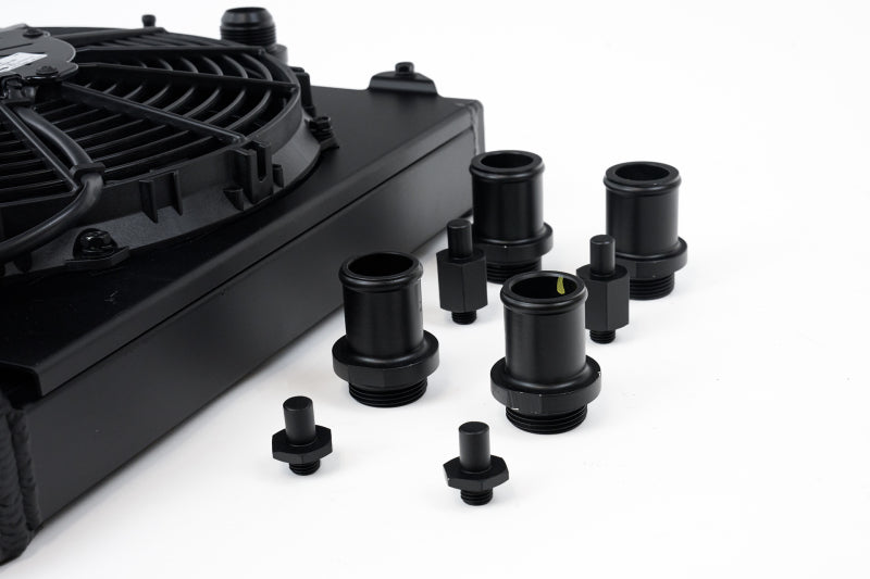 CSF Universal Half Radiator w/-16AN & Slip-On Fittings/12in SPAL Fan & Shroud - Black Finish - awdtuningtx