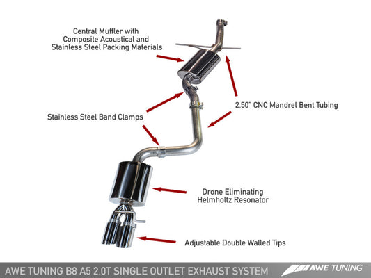 AWE Tuning Audi B8 A5 2.0T Touring Edition Single Outlet Exhaust - Diamond Black Tips - awdtuningtx
