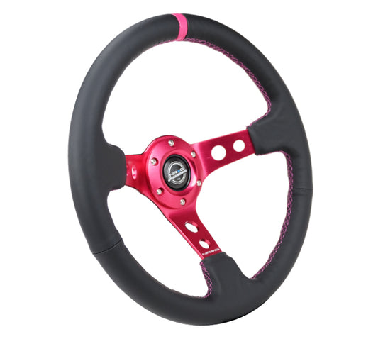 NRG Reinforced Steering Wheel (350mm/3in. Deep) Black Leather/ Fushia Center Mark/ Fushia Stitching - awdtuningtx