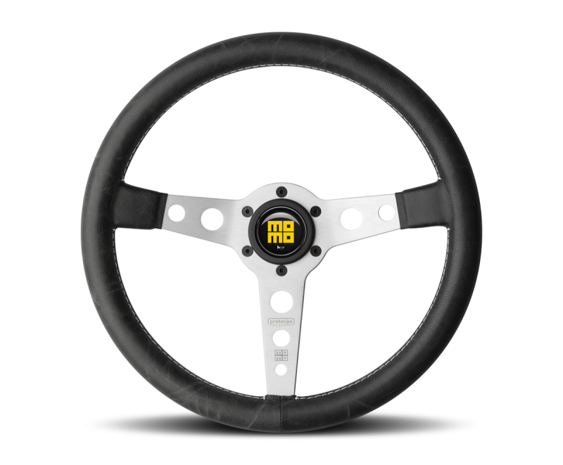 Momo Prototipo Steering Wheel 350 mm - Black Leather/White Stitch/Brshd Spokes - awdtuningtx