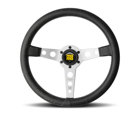 Momo Prototipo Steering Wheel 350 mm - Black Leather/White Stitch/Brshd Spokes - awdtuningtx