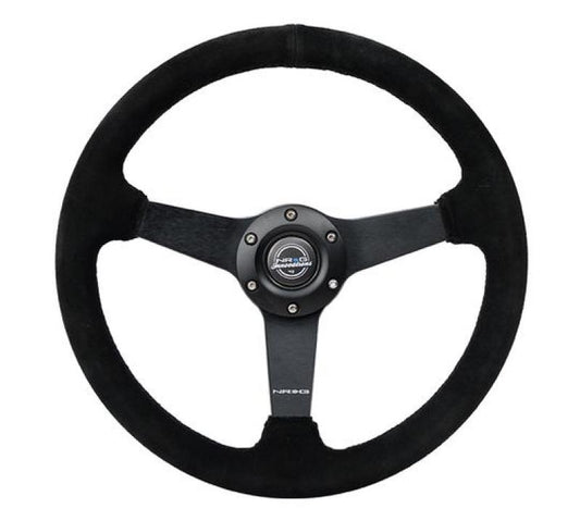NRG Sport Steering Wheel (350mm / 1.5in Deep) Black Suede/Black Stitch w/Matte Black Solid Spokes - awdtuningtx