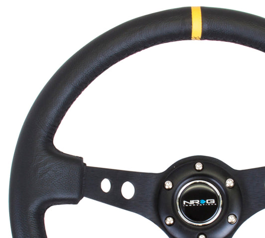 NRG Reinforced Steering Wheel (350mm / 3in. Deep) Blk Leather w/Blk Cutout Spoke/Yellow Center Mark - awdtuningtx