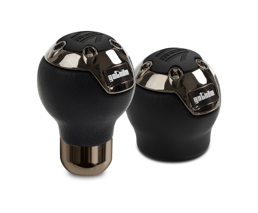 Momo Gotham Shift Knob - Black Leather, Dark Chrome Insert - awdtuningtx