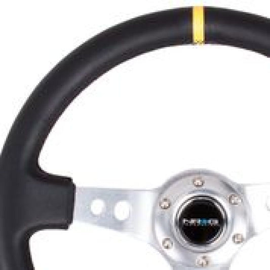 NRG Reinforced Steering Wheel (350mm / 3in. Deep) Blk Leather w/Circle Cut Spokes & Single Yellow CM - awdtuningtx