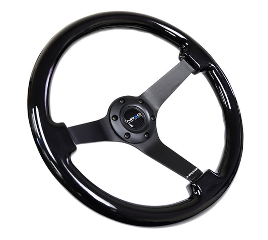 NRG Reinforced Steering Wheel (350mm / 3in. Deep) Black w/Black Chrome Solid 3-Spoke Center - awdtuningtx