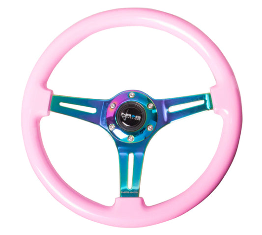 NRG Classic Wood Grain Steering Wheel (350mm) Solid Pink Painted Grip w/Neochrome 3-Spoke Center - awdtuningtx