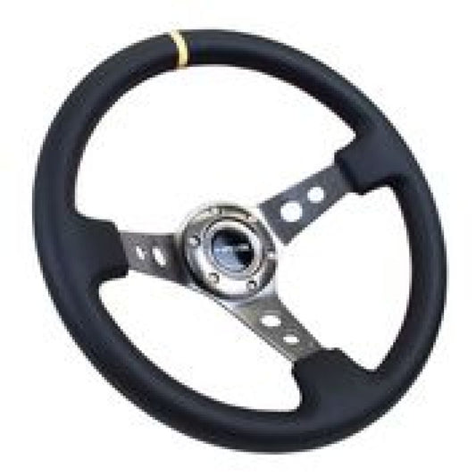 NRG Reinforced Steering Wheel (350mm / 3in. Deep) Blk Leather w/Gunmetal Cutout Spoke & Yellow CM - awdtuningtx