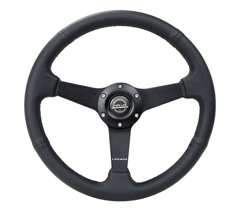 NRG Sport Steering Wheel (350mm / 1.5in Deep) Black Leather Black Stitch w/Matte Black Solid Spokes - awdtuningtx