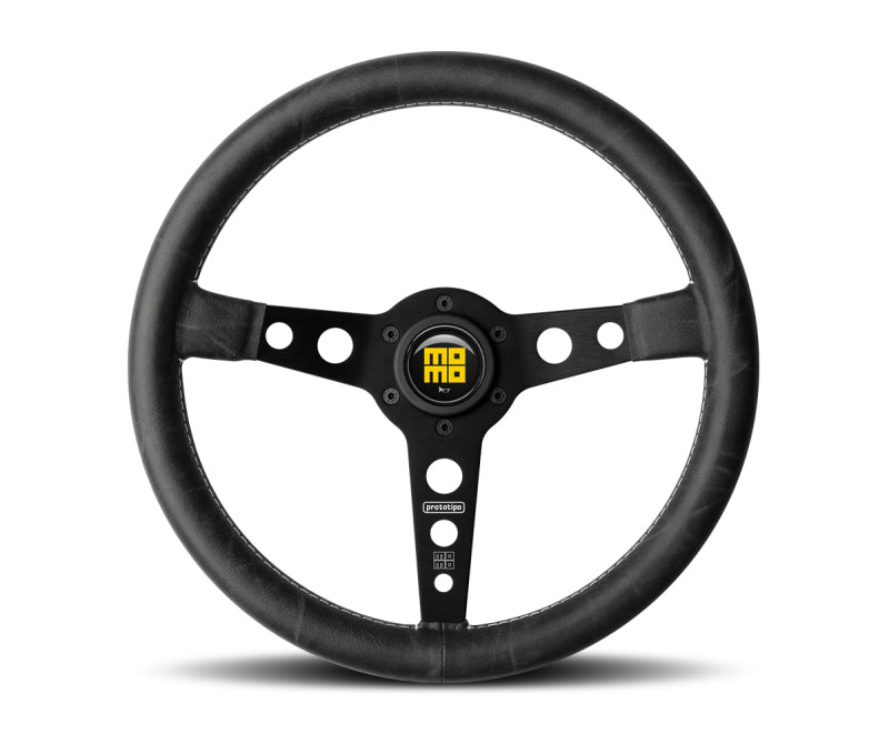 Momo Prototip Heritage Steering Wheel 350 mm - Black Leather/White Stitch/Black Spokes - awdtuningtx