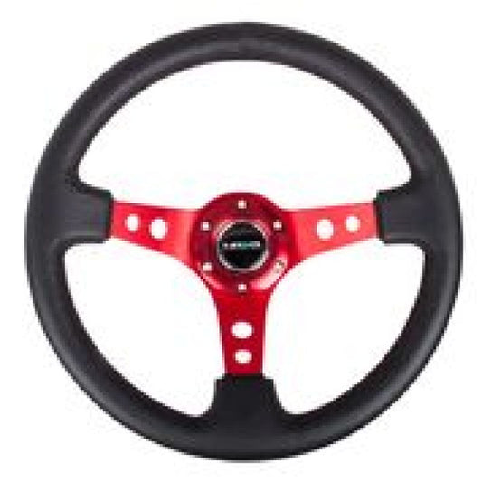 NRG Reinforced Steering Wheel (350mm / 3in. Deep) Blk Leather w/Red Circle Cutout Spokes - awdtuningtx
