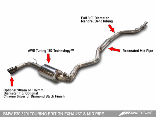 AWE Tuning BMW F30 320i Touring Exhaust w/Performance Mid Pipe - Diamond Black Tip (90mm) - awdtuningtx