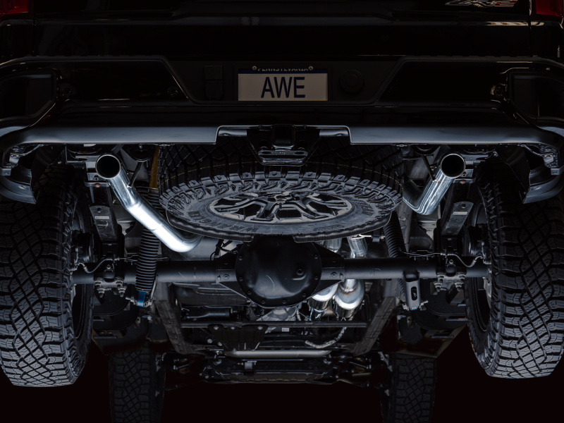AWE Tuning 22-23 GMC Sierra 1500 AT4X 6.2L 0FG Catback Split Dual (Flat Bumper) - Bashguard(No Tips) - awdtuningtx