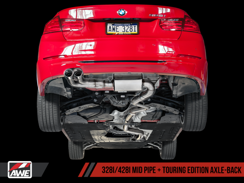 AWE Tuning BMW F3X 28i / 30i Touring Edition Axle-Back Exhaust Single Side - 80mm Black Tips - awdtuningtx