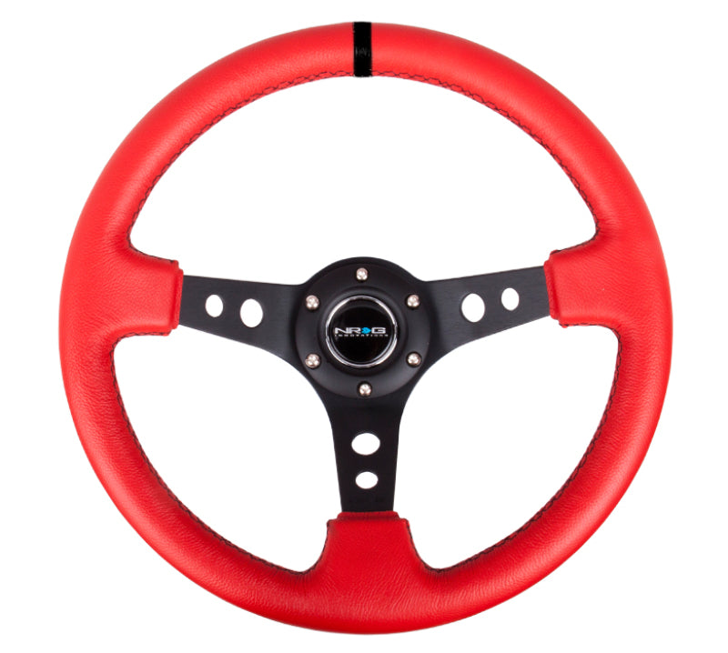 NRG Reinforced Steering Wheel (350mm / 3in. Deep) Red Suede w/Blk Circle Cutout Spokes - awdtuningtx