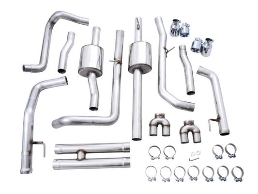 AWE Tuning 4th Gen GM 1500 6.2L 0FG Catback Split Rear Exit (w/ Bumper Cutouts) - Quad Chrome Tips - awdtuningtx