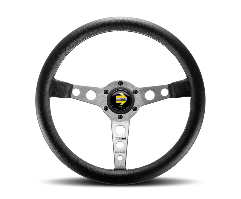 Momo Prototipo Steering Wheel 350 mm - Black Leather/Wht Stitch/Brshd Spokes - awdtuningtx