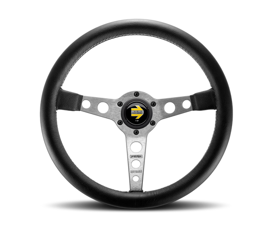 Momo Prototipo Steering Wheel 350 mm - Black Leather/Wht Stitch/Brshd Spokes - awdtuningtx