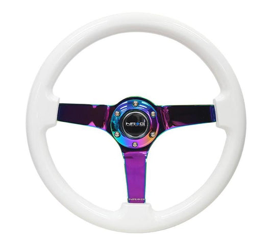 NRG Reinforced Steering Wheel (350mm / 3in. Deep) Classic White w/4mm Neochrome Solid 3-Spoke - awdtuningtx