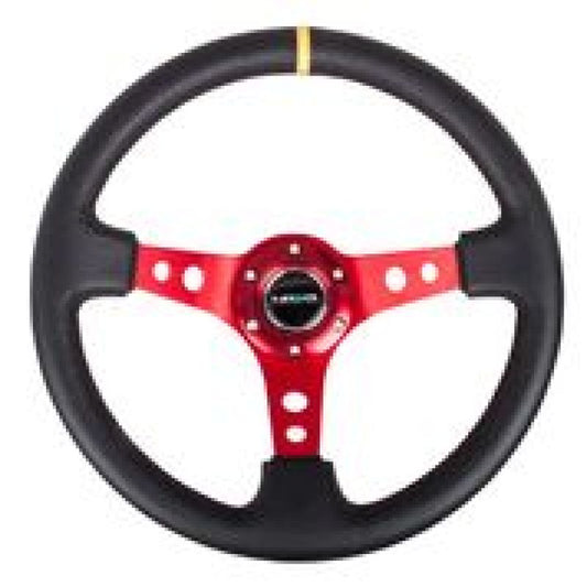 NRG Reinforced Steering Wheel (350mm / 3in. Deep) Blk Leather w/Red Spokes & Sgl Yellow Center Mark - awdtuningtx