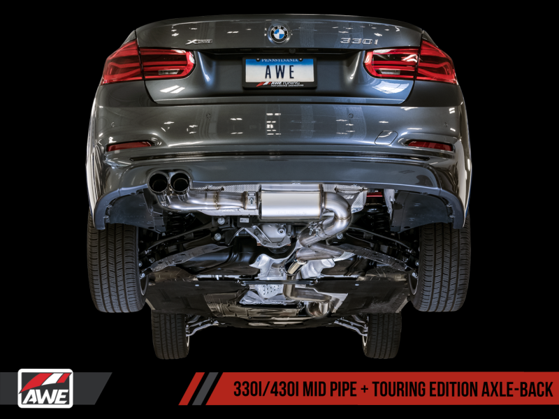 AWE Tuning BMW F3X 28i / 30i Touring Edition Axle-Back Exhaust Single Side - 80mm Black Tips - awdtuningtx