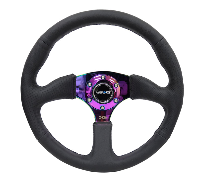 NRG Reinforced Steering Wheel (350mm / 2.5in. Deep) Leather Race Comfort Grip w/4mm Neochrome Spokes - awdtuningtx