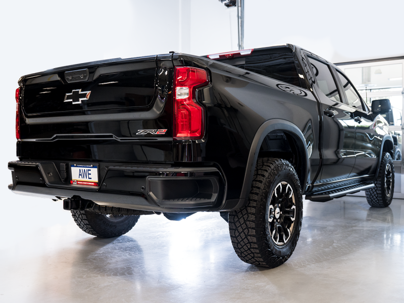 AWE Tuning 22-23 GMC Sierra 1500 AT4X 6.2L 0FG Catback Split Dual (Flat Bumper) - Bashguard(No Tips) - awdtuningtx