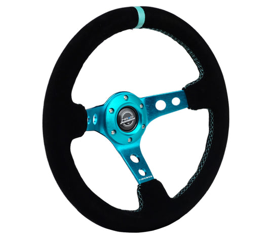 NRG Reinforced Steering Wheel (350mm/ 3in. Deep) Black Suede/ Teal Center Mark/ Teal Stitching - awdtuningtx