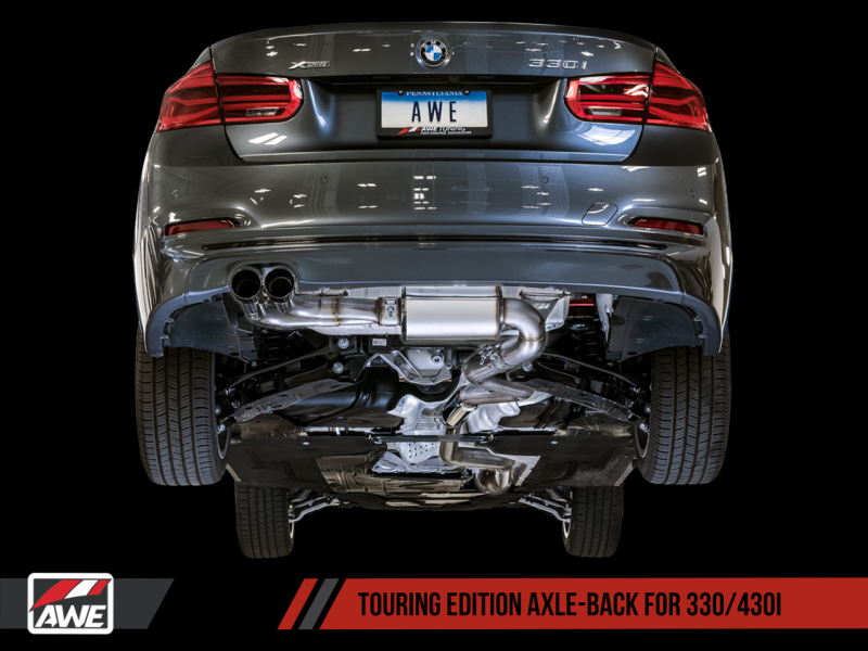 AWE Tuning BMW F3X 28i / 30i Touring Edition Axle-Back Exhaust Single Side - 80mm Black Tips - awdtuningtx