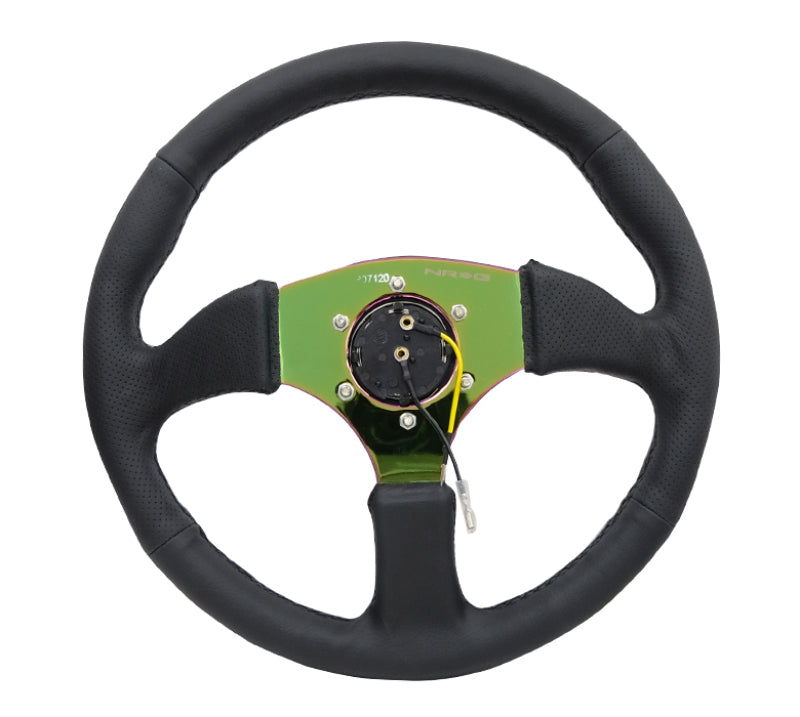 NRG Reinforced Steering Wheel (350mm / 2.5in. Deep) Leather Race Comfort Grip w/4mm Neochrome Spokes - awdtuningtx