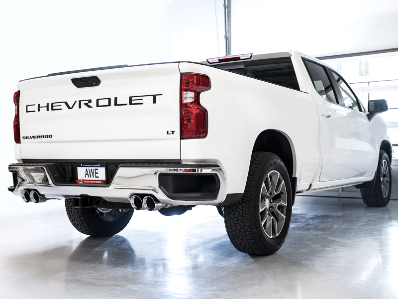 AWE Tuning 4th Gen GM 1500 5.3L 0FG Catback Split Rear Exit (w/ Bumper Cutouts) - Quad Chrome Tips - awdtuningtx