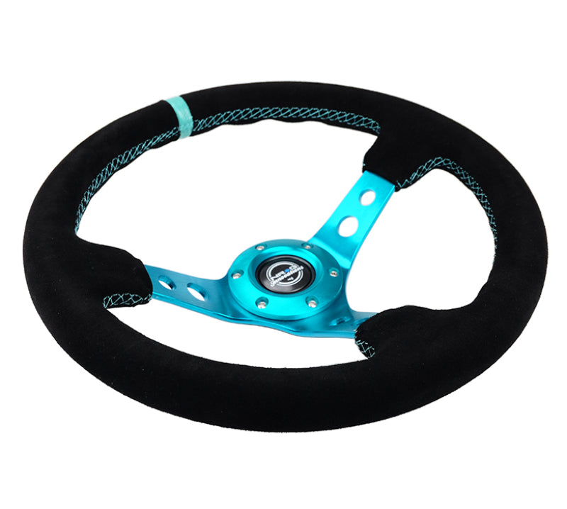 NRG Reinforced Steering Wheel (350mm/ 3in. Deep) Black Suede/ Teal Center Mark/ Teal Stitching - awdtuningtx